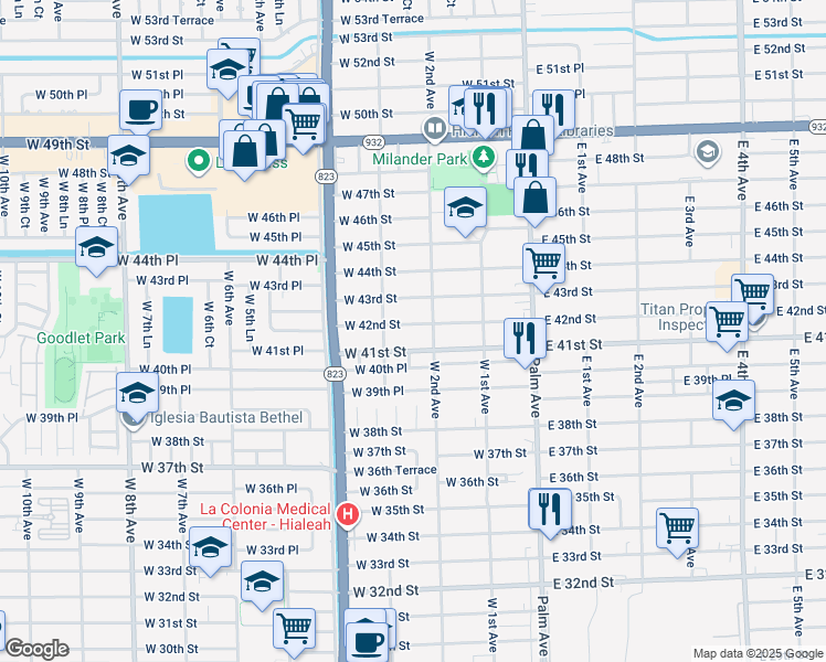 map of restaurants, bars, coffee shops, grocery stores, and more near 242 West 42nd Street in Hialeah