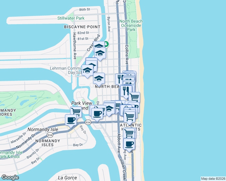 map of restaurants, bars, coffee shops, grocery stores, and more near 7425 Byron Avenue in Miami Beach