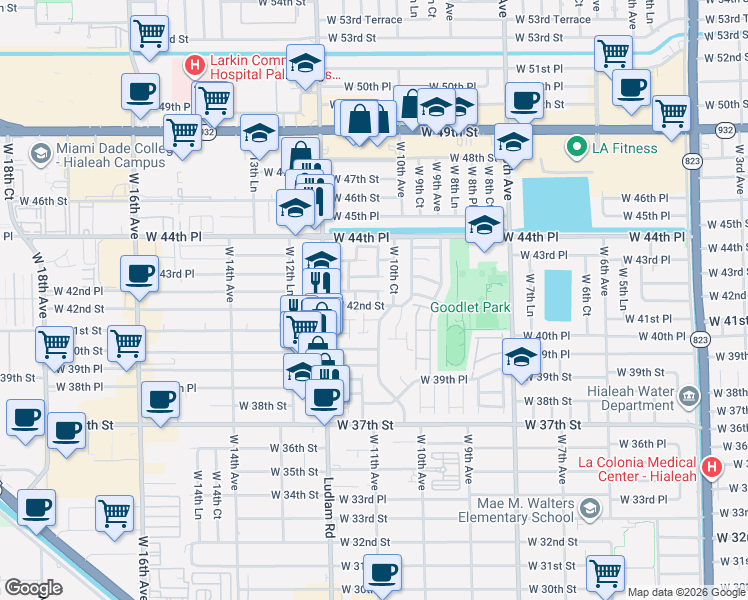 map of restaurants, bars, coffee shops, grocery stores, and more near 4216 West 10th Lane in Hialeah