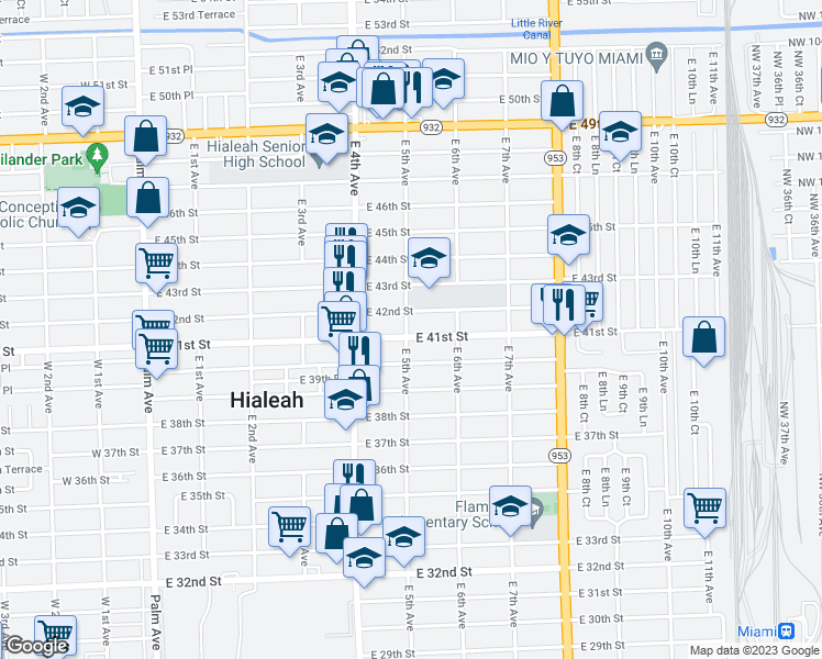 map of restaurants, bars, coffee shops, grocery stores, and more near 501 East 41st Street in Hialeah