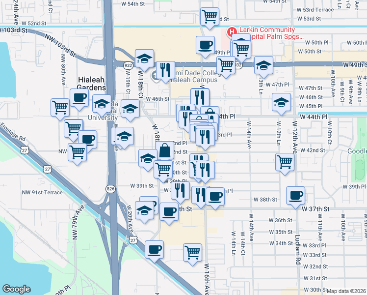 map of restaurants, bars, coffee shops, grocery stores, and more near 1645 West 42nd Street in Hialeah