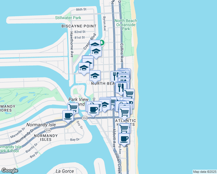 map of restaurants, bars, coffee shops, grocery stores, and more near 7418 Harding Avenue in Miami Beach