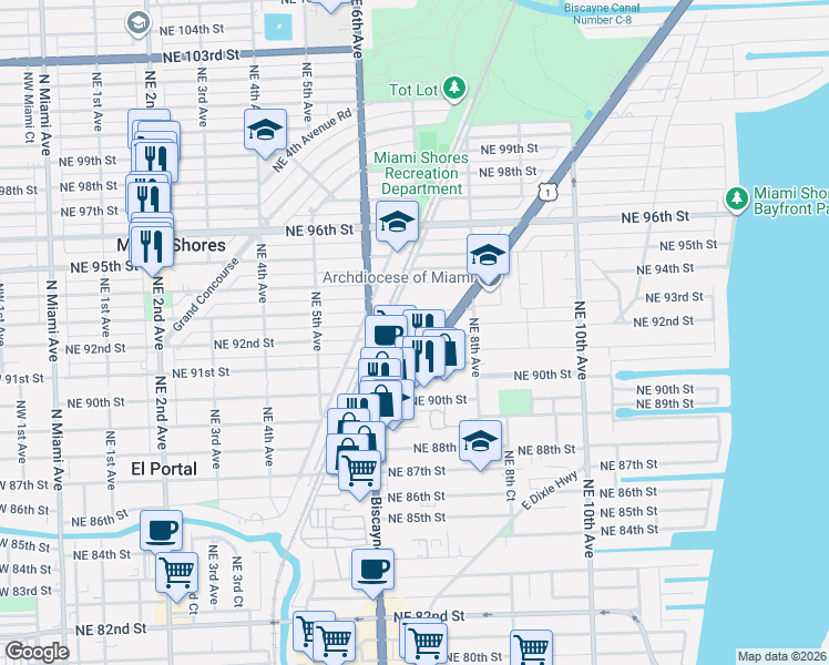 map of restaurants, bars, coffee shops, grocery stores, and more near 629 Northeast 92nd Street in Miami Shores