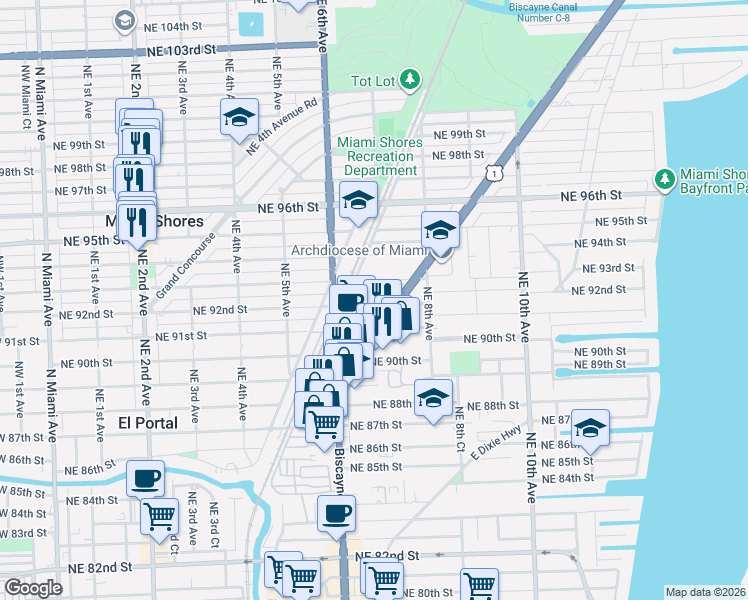 map of restaurants, bars, coffee shops, grocery stores, and more near 629 Northeast 92nd Street in Miami Shores