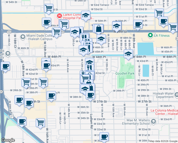 map of restaurants, bars, coffee shops, grocery stores, and more near 4196 West 12th Avenue in Hialeah