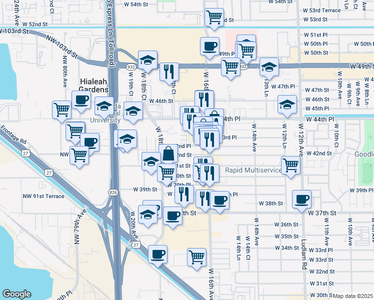 map of restaurants, bars, coffee shops, grocery stores, and more near 1645 West 42nd Street in Hialeah