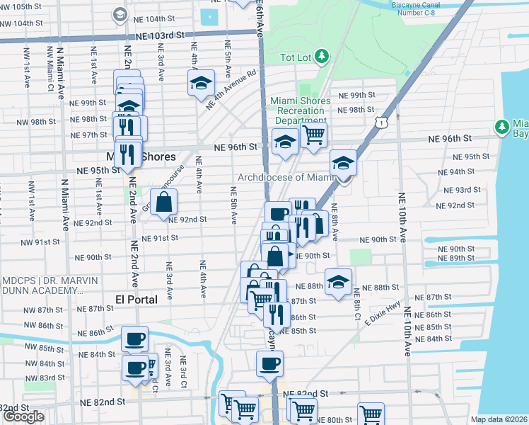 map of restaurants, bars, coffee shops, grocery stores, and more near 585 Northeast 92nd Street in Miami Shores
