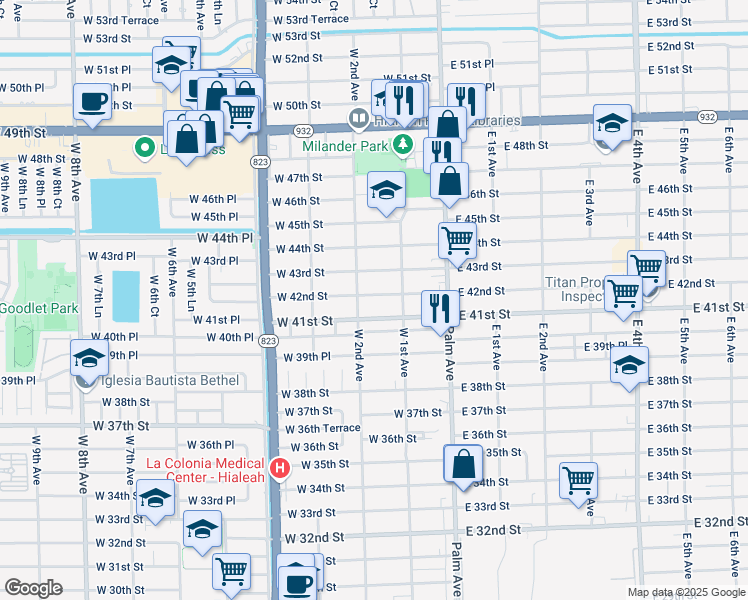map of restaurants, bars, coffee shops, grocery stores, and more near 162 West 42nd Street in Hialeah