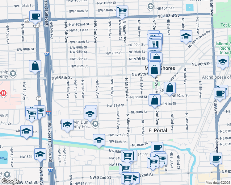 map of restaurants, bars, coffee shops, grocery stores, and more near 80 Northwest 93rd Street in Miami Shores