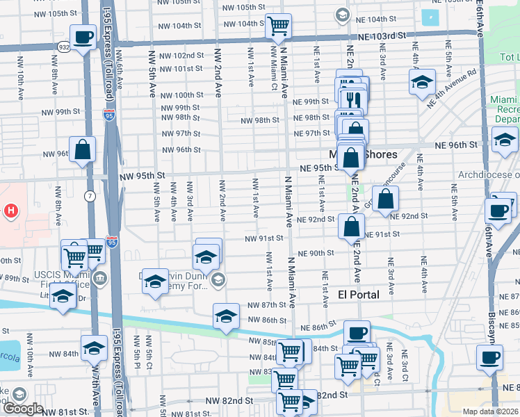map of restaurants, bars, coffee shops, grocery stores, and more near 80 Northwest 93rd Street in Miami Shores