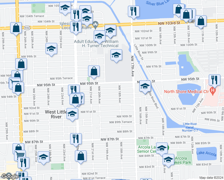 map of restaurants, bars, coffee shops, grocery stores, and more near 1848 NW 94th St in Miami