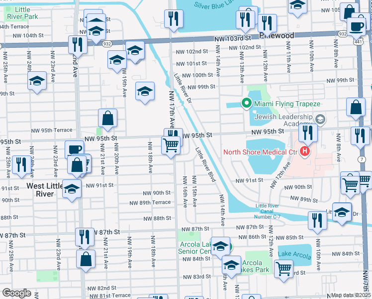 map of restaurants, bars, coffee shops, grocery stores, and more near 1555 Northwest 93rd Terrace in Miami