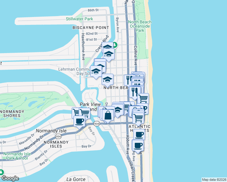 map of restaurants, bars, coffee shops, grocery stores, and more near 7435 Carlyle Avenue in Miami Beach