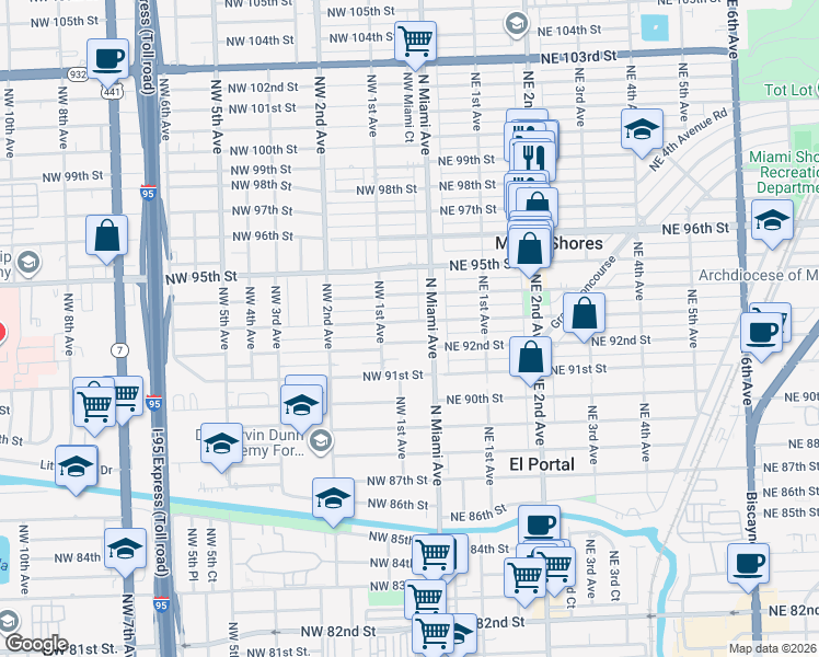 map of restaurants, bars, coffee shops, grocery stores, and more near 80 Northwest 93rd Street in Miami Shores