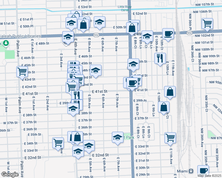 map of restaurants, bars, coffee shops, grocery stores, and more near 661 East 41st Street in Hialeah