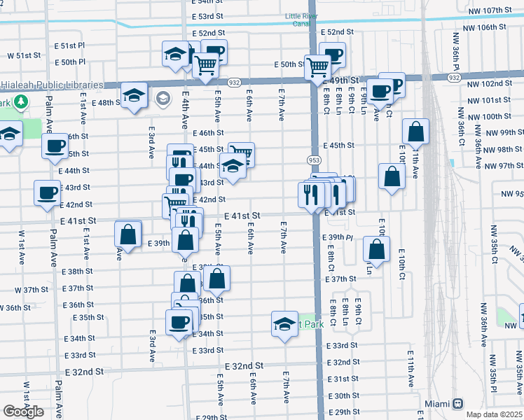 map of restaurants, bars, coffee shops, grocery stores, and more near 661 East 41st Street in Hialeah