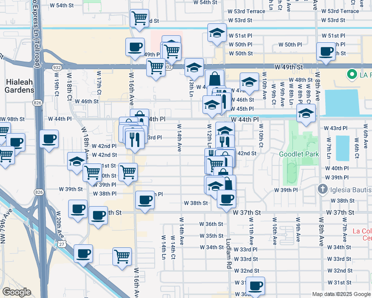 map of restaurants, bars, coffee shops, grocery stores, and more near 1362 West 42nd Place in Hialeah