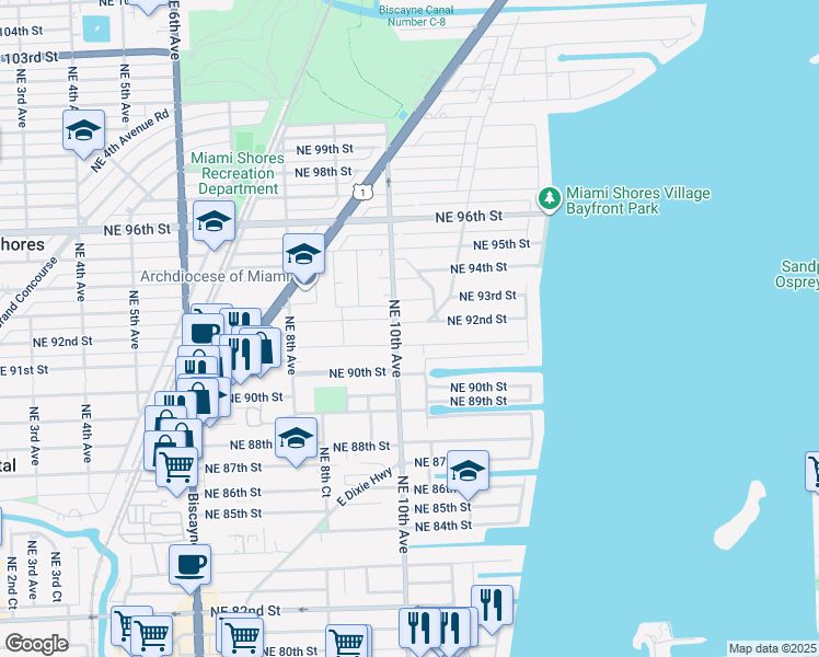 map of restaurants, bars, coffee shops, grocery stores, and more near 1010 Northeast 92nd Street in Miami Shores