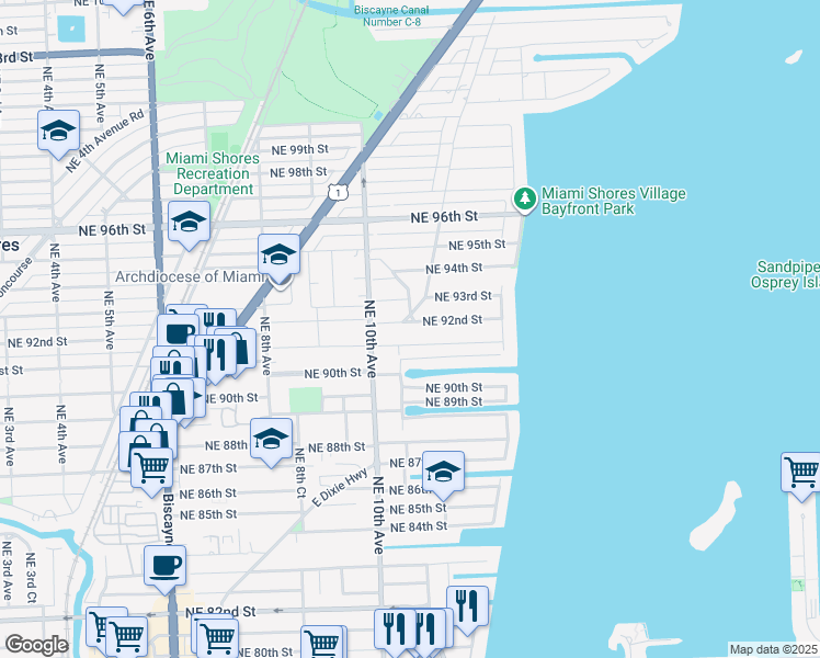 map of restaurants, bars, coffee shops, grocery stores, and more near 1080 Northeast 92nd Street in Miami Shores