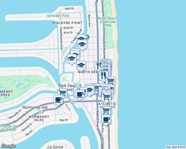map of restaurants, bars, coffee shops, grocery stores, and more near 7418 Harding Avenue in Miami Beach
