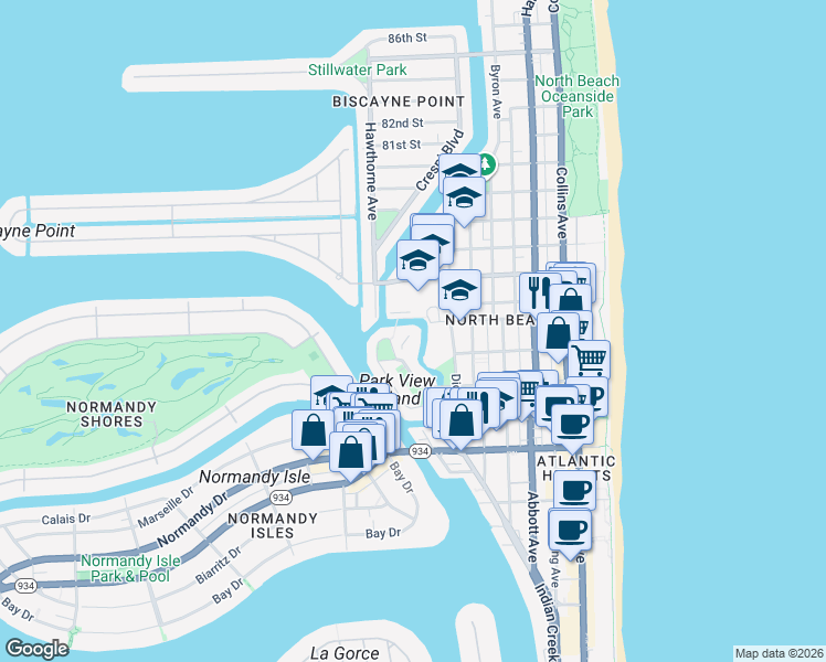 map of restaurants, bars, coffee shops, grocery stores, and more near 7441 Wayne Avenue in Miami Beach