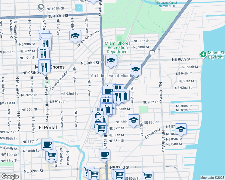 map of restaurants, bars, coffee shops, grocery stores, and more near 629 Northeast 92nd Street in Miami Shores