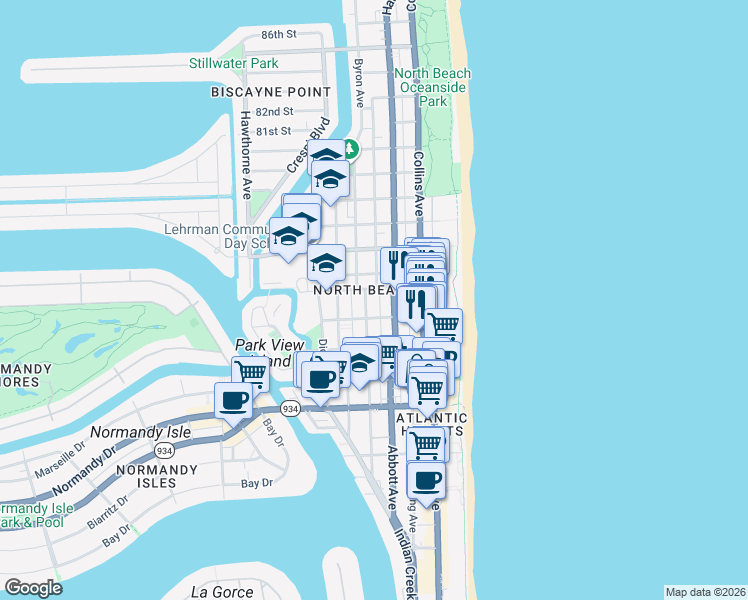 map of restaurants, bars, coffee shops, grocery stores, and more near 7418 Harding Avenue in Miami Beach