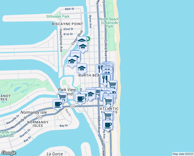 map of restaurants, bars, coffee shops, grocery stores, and more near 7418 Harding Avenue in Miami Beach