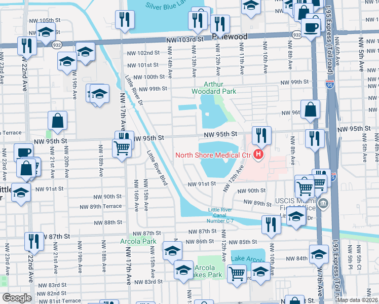 map of restaurants, bars, coffee shops, grocery stores, and more near 9299 Northwest 13th Avenue in Miami