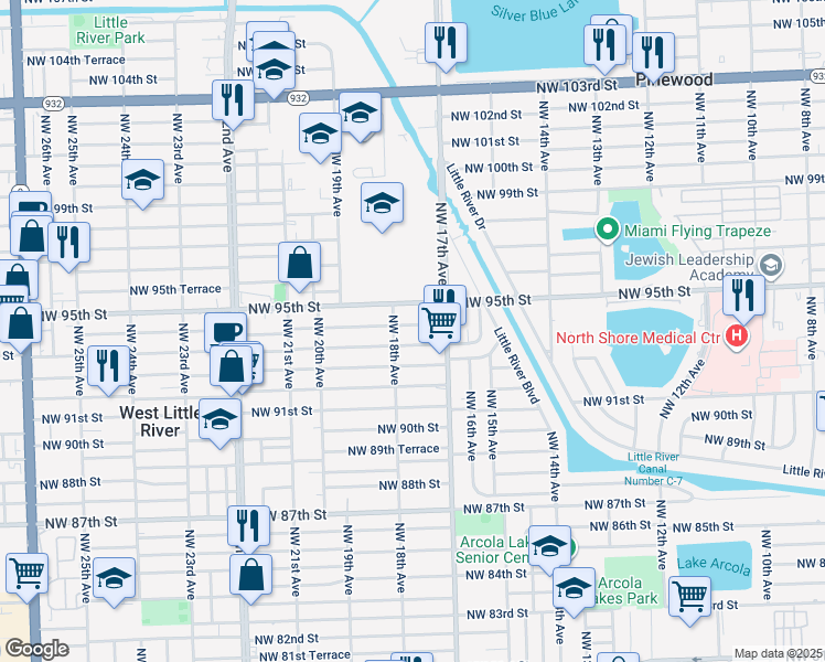 map of restaurants, bars, coffee shops, grocery stores, and more near 1793 Northwest 93rd Terrace in Miami