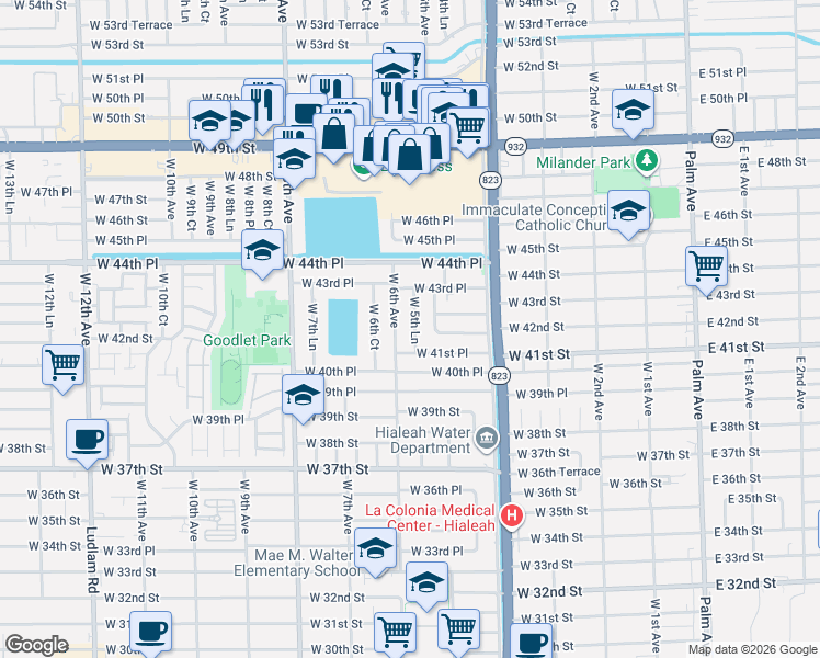 map of restaurants, bars, coffee shops, grocery stores, and more near 4195 West 5th Lane in Hialeah