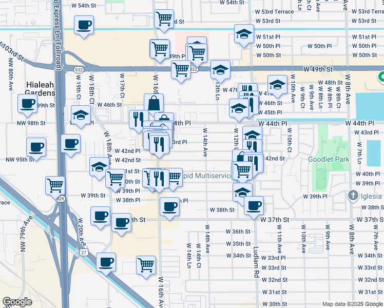 map of restaurants, bars, coffee shops, grocery stores, and more near 1421 West 42nd Street in Hialeah