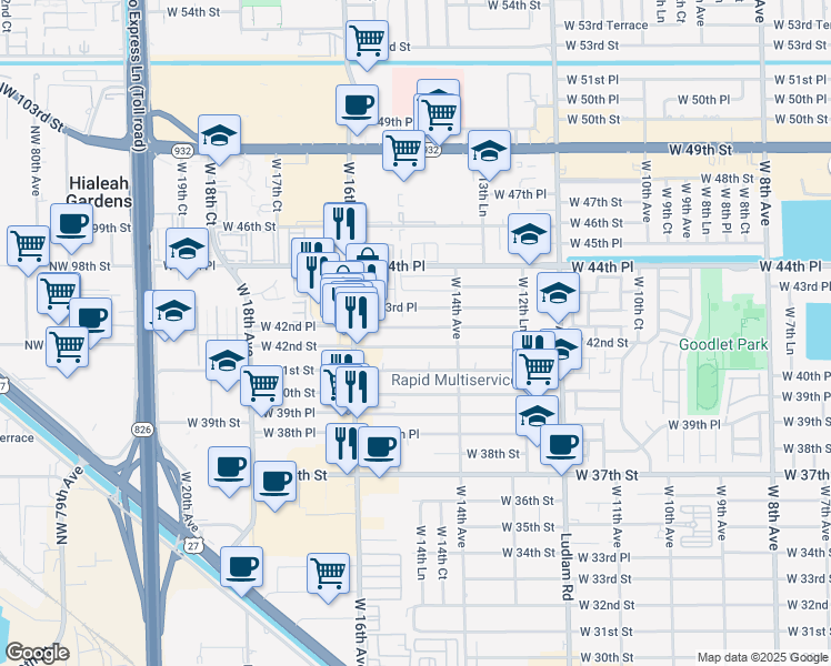 map of restaurants, bars, coffee shops, grocery stores, and more near 1501 West 42nd Street in Hialeah