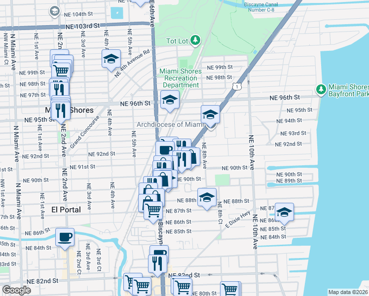 map of restaurants, bars, coffee shops, grocery stores, and more near 715 Northeast 92nd Street in Miami Shores