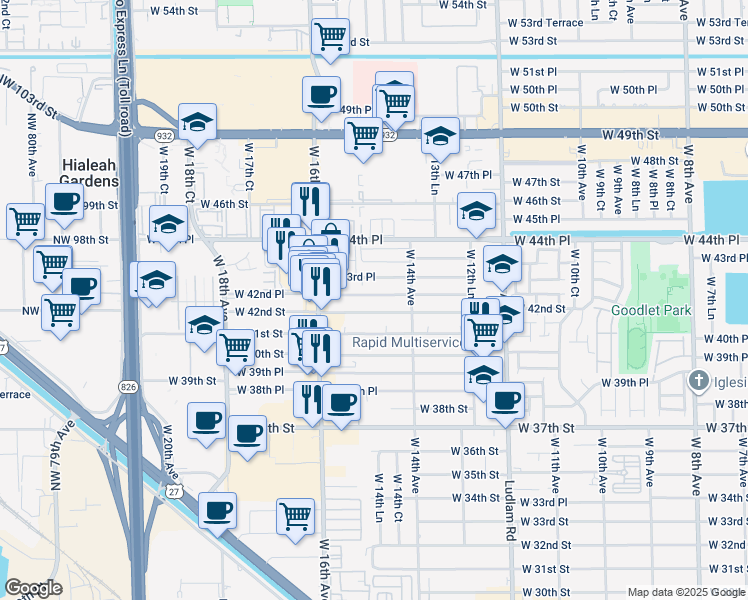 map of restaurants, bars, coffee shops, grocery stores, and more near 1501 West 42nd Street in Hialeah