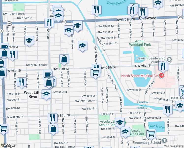 map of restaurants, bars, coffee shops, grocery stores, and more near 1732 Northwest 94th Street in Miami