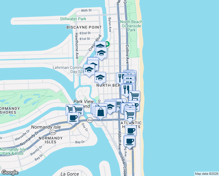 map of restaurants, bars, coffee shops, grocery stores, and more near 7435 Carlyle Avenue in Miami Beach