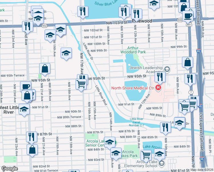 map of restaurants, bars, coffee shops, grocery stores, and more near 9320 Little River Drive in Miami