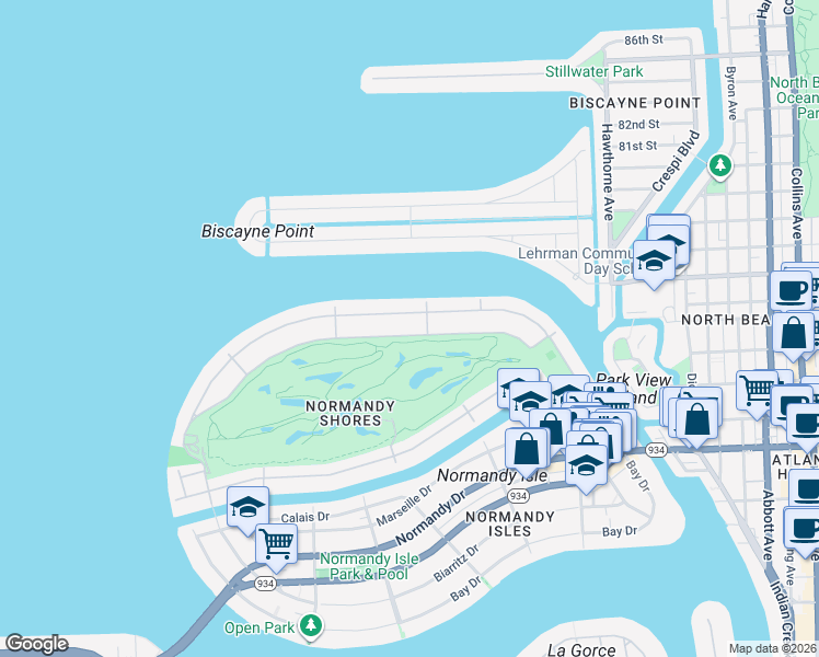 map of restaurants, bars, coffee shops, grocery stores, and more near 535 Fairway Drive in Miami Beach