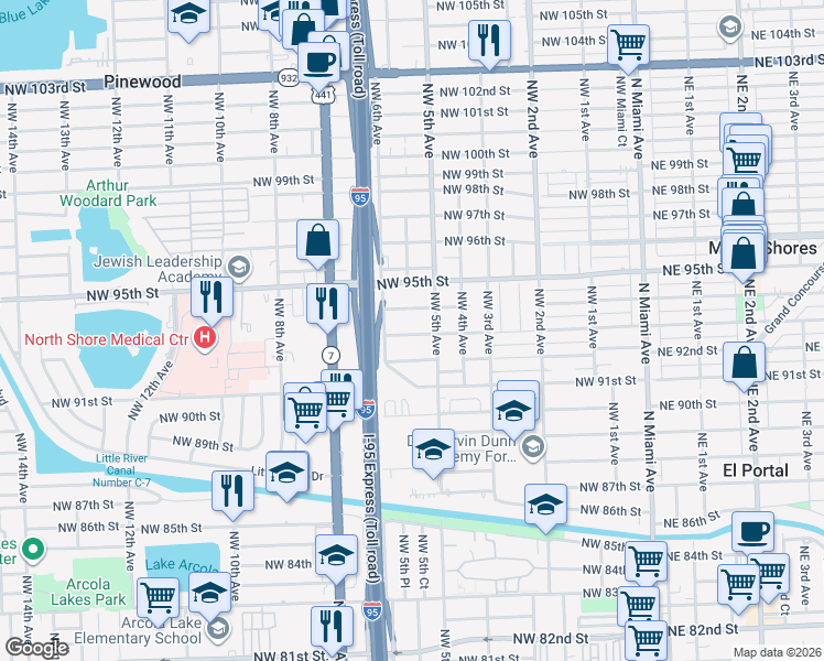 map of restaurants, bars, coffee shops, grocery stores, and more near 545 Northwest 93rd Street in Miami