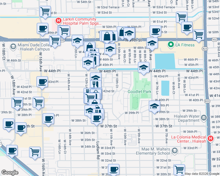 map of restaurants, bars, coffee shops, grocery stores, and more near 4210 West 10th Court in Hialeah