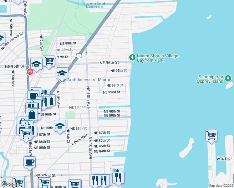 map of restaurants, bars, coffee shops, grocery stores, and more near 1183 Northeast 91st Terrace in Miami