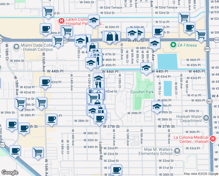 map of restaurants, bars, coffee shops, grocery stores, and more near 1133 West 42nd Street in Hialeah