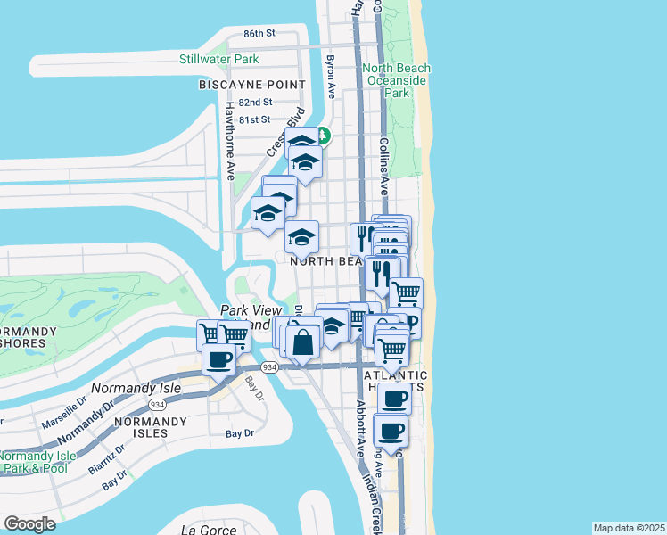 map of restaurants, bars, coffee shops, grocery stores, and more near in Miami Beach