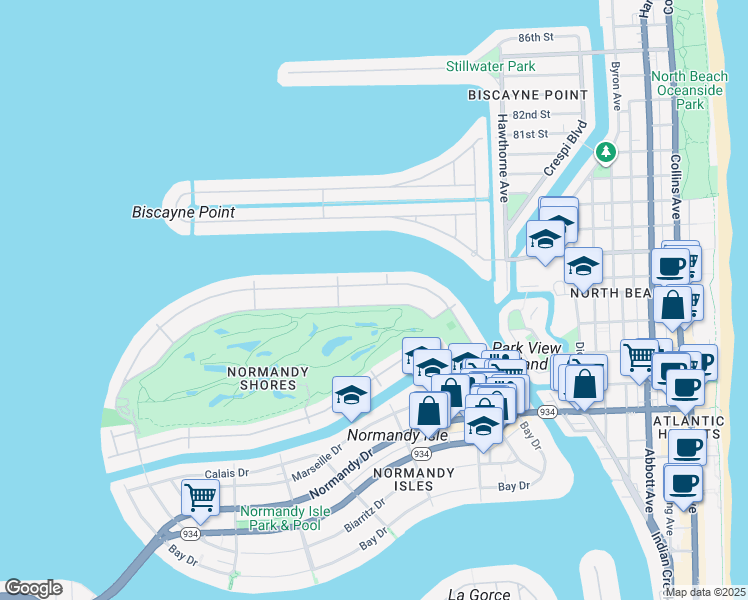 map of restaurants, bars, coffee shops, grocery stores, and more near 385 Fairway Drive in Miami Beach