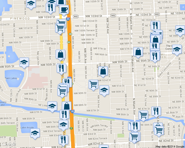 map of restaurants, bars, coffee shops, grocery stores, and more near 406 Northwest 93rd Street in Miami