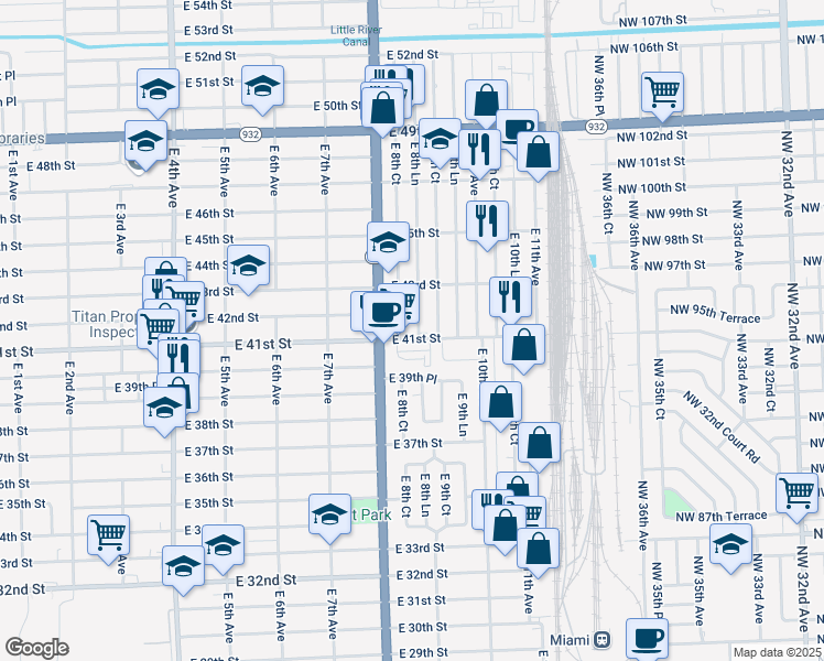 map of restaurants, bars, coffee shops, grocery stores, and more near 886 East 41st Street in Hialeah