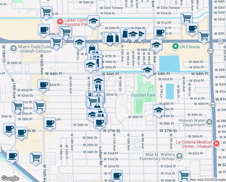 map of restaurants, bars, coffee shops, grocery stores, and more near 4210 West 10th Court in Hialeah