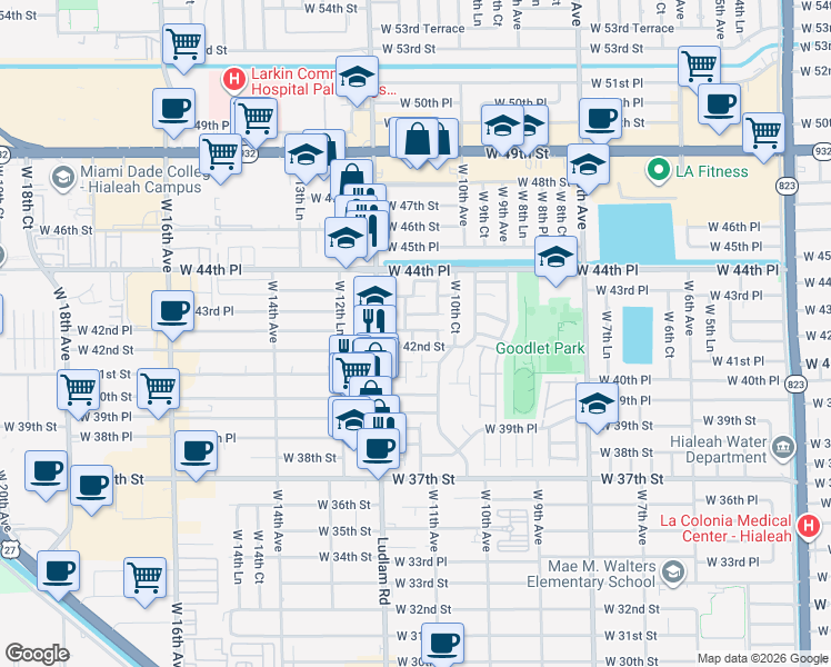 map of restaurants, bars, coffee shops, grocery stores, and more near 1133 West 42nd Street in Hialeah