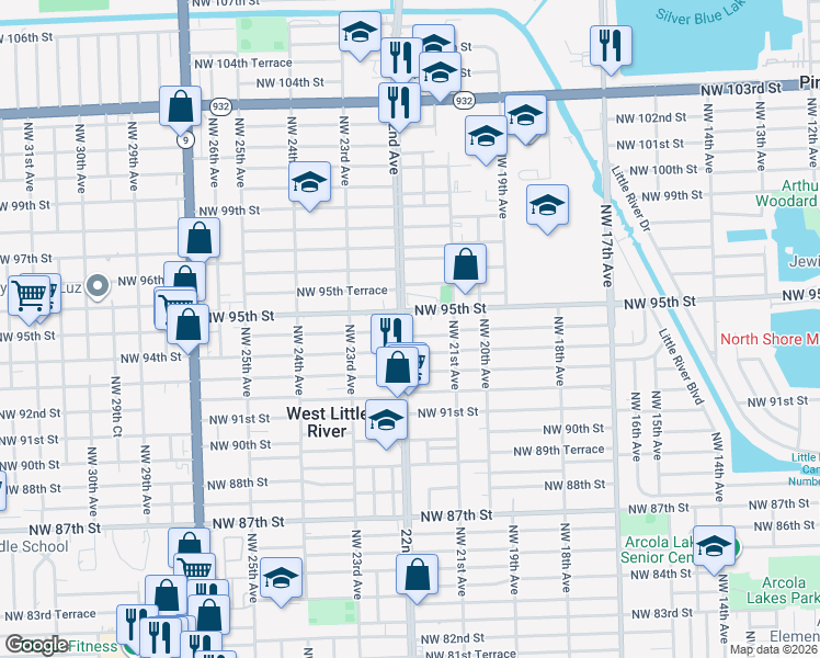 map of restaurants, bars, coffee shops, grocery stores, and more near 2150 Northwest 94th Street in Miami